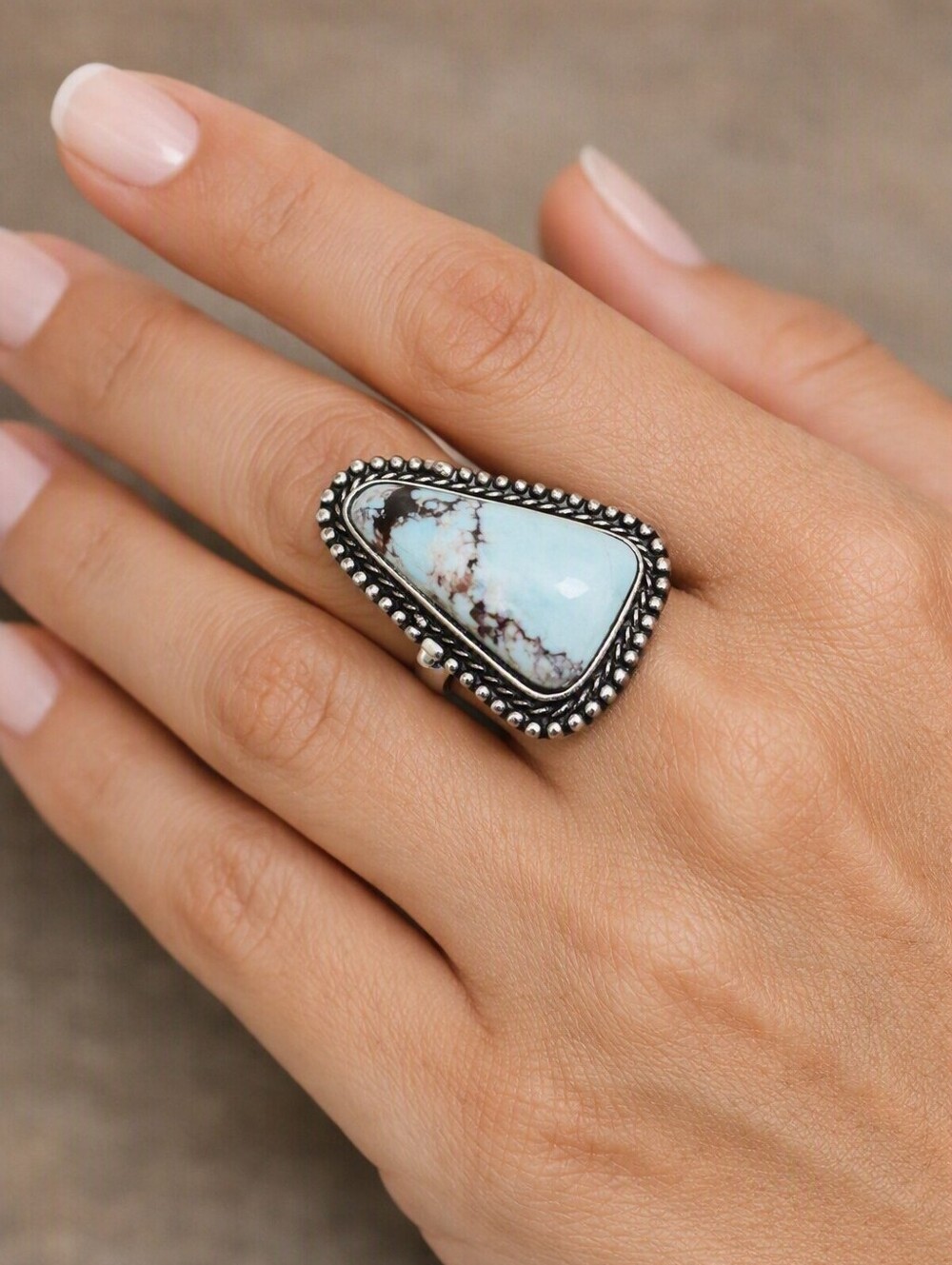 925 Ring Light Blue Turquoise SilverWith Oval Cabochon Southwestern Style Boho